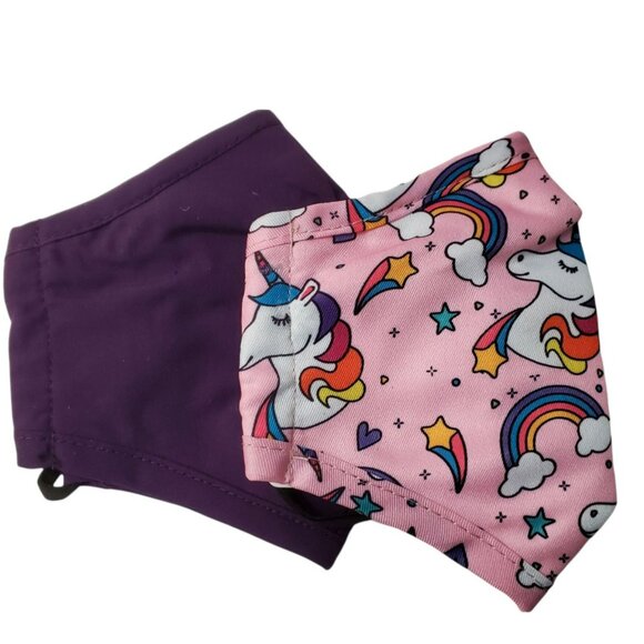 2 Youth Face Masks Purple & Unicorn Rainbows Hearts Stars Lined Adjustable Cover - Picture 2 of 10